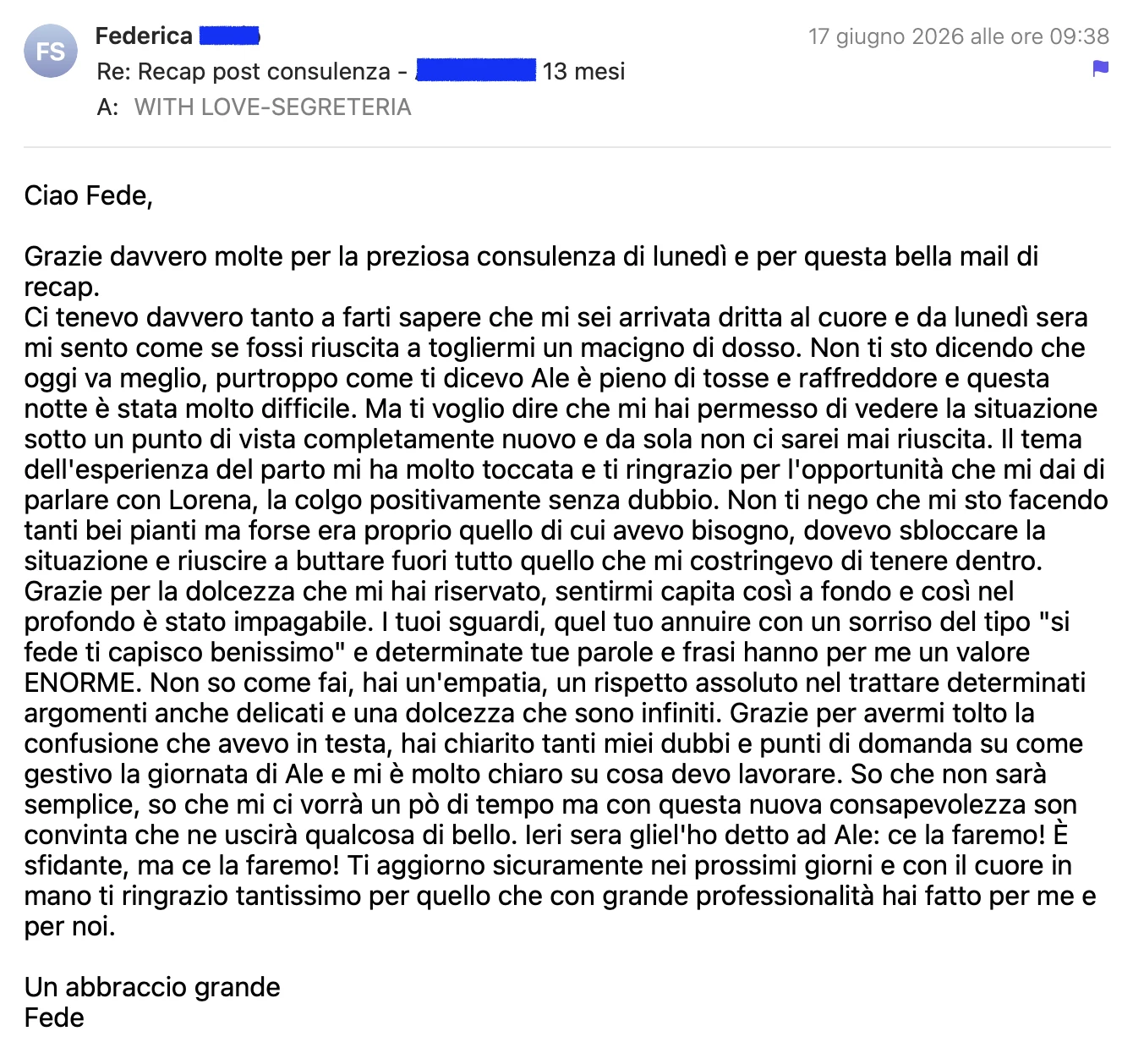 Email di ringraziamento di una mamma dopo la consulenza sul sonno con Federica