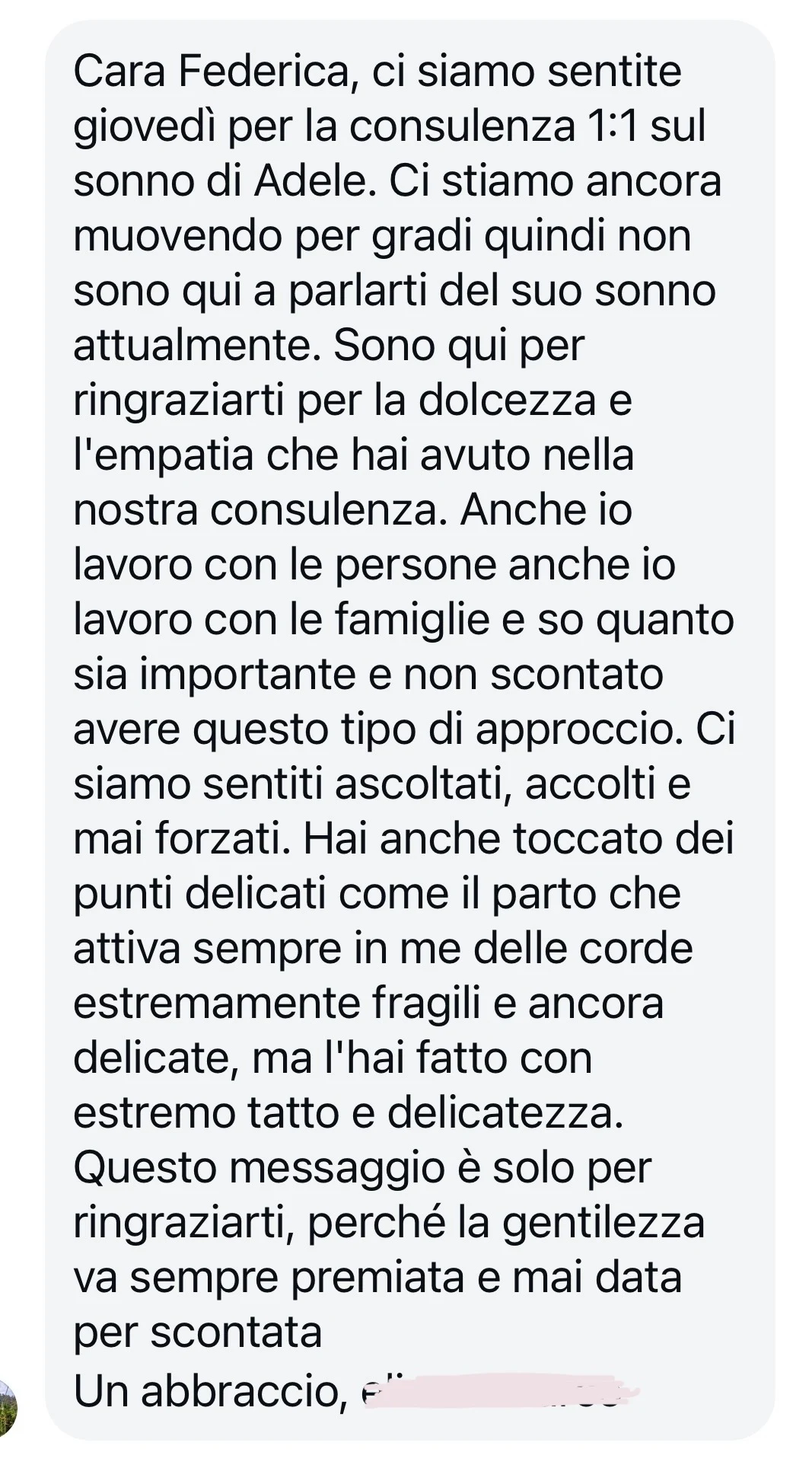 Recensione di una famiglia dopo la consulenza sul sonno con Federica
