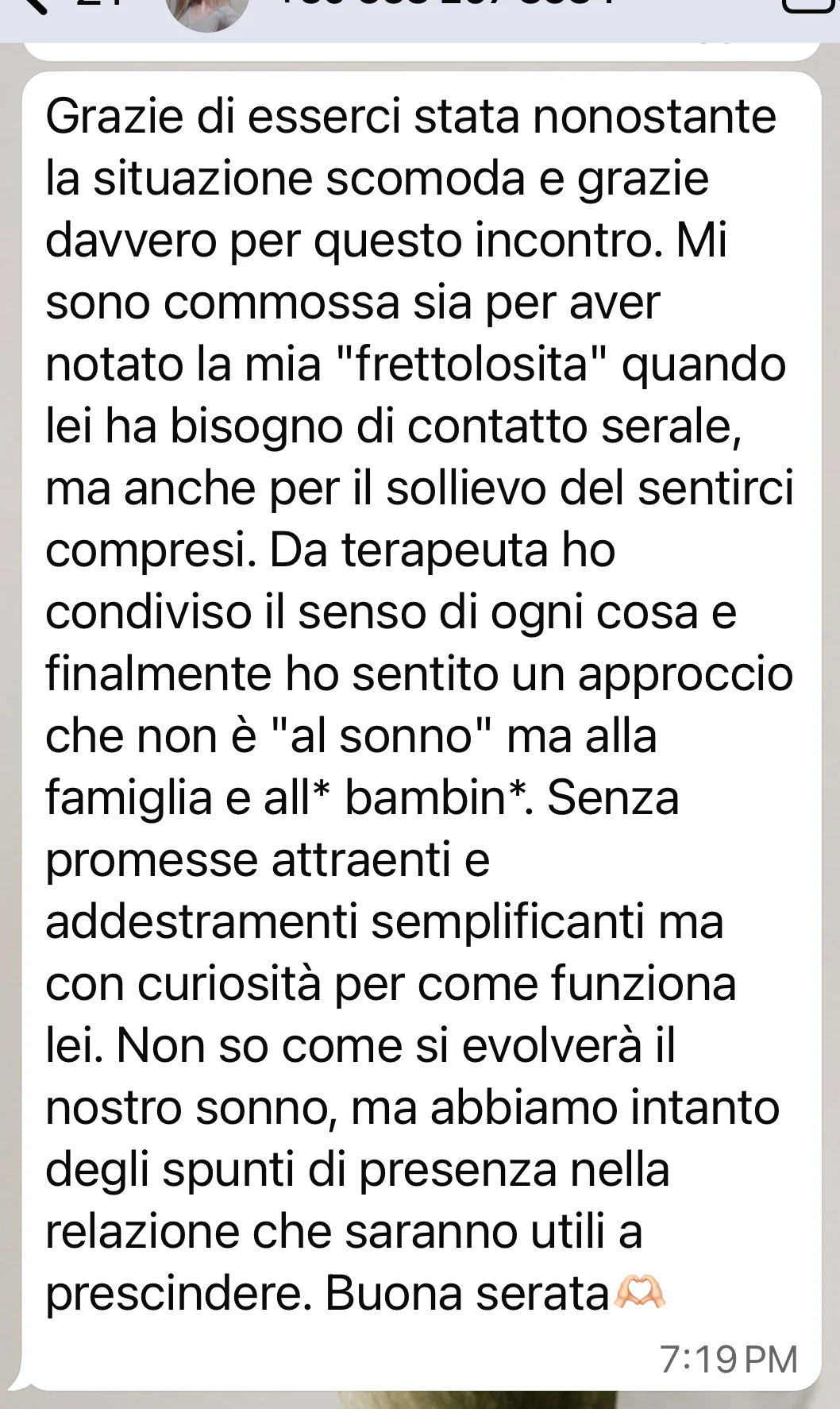Messaggio di una mamma dopo la consulenza sul sonno del bambino
